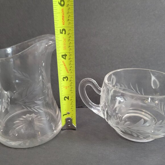Vintage Glass Creamer & Sugar Bowl Set With Floral Etched Design - Elegant Clear - Picture 8 of 10